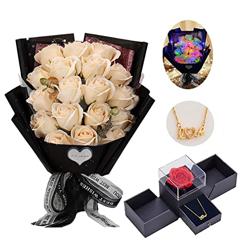 EIGHTOWN Roses Bouquet Artificial Flower - Preserved Red Rose Flowers with Love Necklace for Her - Unique Gifts Valentine's Day, Mother's Day, Thanksgiving, Birthday, Anniversary - color: Elegant Champagne