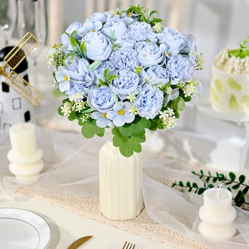 Olgaa 12 Bundles Peonies Artificial Flowers Fake Hydrangea Silk Peony Bouquet Bulk for Vase Floral Arrangements Wedding Arch Decor Centerpiece Table Decorations (Blue) - color: Blue