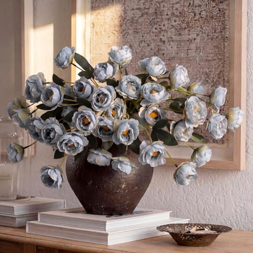 6 Pcs 32" Large Haze Blue Artificial Peonies Stems Flowers, Real Look Faux Silk Peony Bouquet 42 Heads Total for Vase Filler, Farmhouse Rustic Neutral Home Decor, Wedding Centerpieces - color: Haze Blue