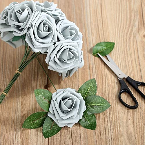Higfra Artificial Flowers 25pcs Real Looking Fake Roses with Stems for DIY Wedding Bouquets Baby Shower Centerpieces Floral Arrangements Party Tables Home Decorations - color: Grey, size: 25Pcs