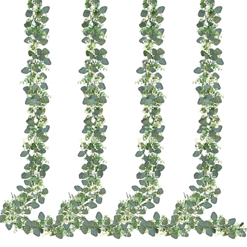 Sggvecsy 4 Pack Artificial Eucalyptus Garland Eucalyptus Leaves Vines Greenery Garland Faux Silver Dollar Eucalyptus Leaves for Table Party Wedding Indoor Outdoor Home Mantle Wall Decor - size: 4PCS