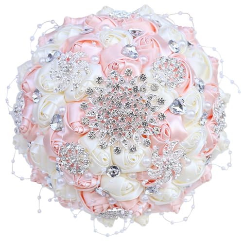 Bridal Wedding Bouquet with Silver Rhinestones Brooch Pearl Bouquet for Bride Bridesmaid Quinceanera Artificial Satin Rose Flower Bouquet Wedding Pale Pink and Ivory 7.1in - color: Pale Pink & Ivory, size: Diameter: 7.1 inches