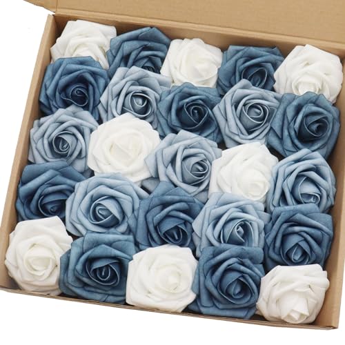 Artificial Flowers 25PCS Real Looking White & Dusty Blue Shades Fake Roses with Stem for DIY Wedding Bouquets Centerpieces Baby Shower Party Home Decorations - color: White & Dusty Blue Shades, size: 3"/25pcs