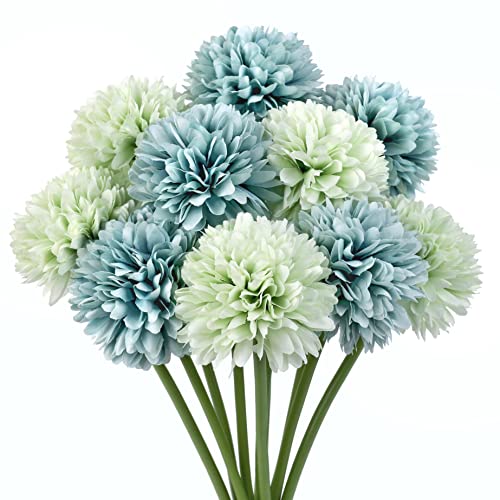 12pcs Blue Green Artificial Flowers Fake Flowers Silk Artificial Chrysanthemum Ball Hydrangea Bridal Wedding Bouquet for Home Garden Party Decor (Blue Green - color: Blue Green，12pcs