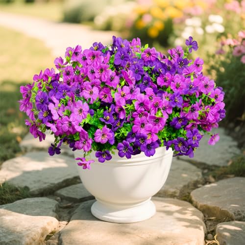 Artificial Flowers for Outdoors, 12 Bundles Outdoor Faux Plants,Uv Resistant Artificial Fake Flowers Plants, Realistic Spring Decor for Porch, Patio, Yard (DoublePurple) - color: Doublepurple