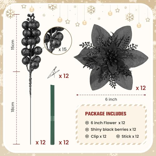 Alupssuc 24 Pieces Christmas Tree Decorations, 12 PCS Black Poinsettia Flowers Artificial and 12 PCS Glitter Christmas Tree Picks for Christmas Decorations Party Wreath Fireplace Stairs, Black - color: Black