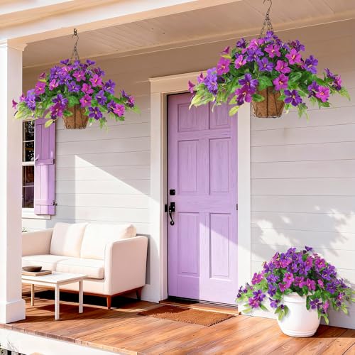 Homsunny Artficial Fake Hanging Flowers Plants with Baskets, 3PCS Silk Faux Outdoor Flowers UV Resistant Real Touch Plastic Flowers for Spring Garden and Home Patio Yard Decor (Light Purple Red) - color: Double Orchid With Basket
