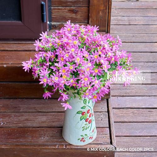 PONKING Artificial Flowers for Outdoors Patio Decoration 12 Bundles Fake Flower Daisy UV Resistant Faux Plants Yard Garden Porch Home Boxwood Planter Patio Decor, Purple Flower - color: D Purple Daisy 12pcs