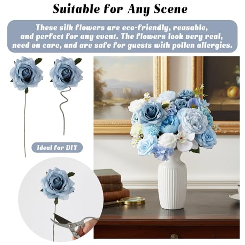 Blue Artificial Flowers Combo Box Set, Light Blue White Rose Fake Flowers Bulk, Mix Hydrangea Peonies Silk Flower for DIY Wedding Bouquets Bridal Shower Table Centerpieces Home Party Decor - color: Blue & White