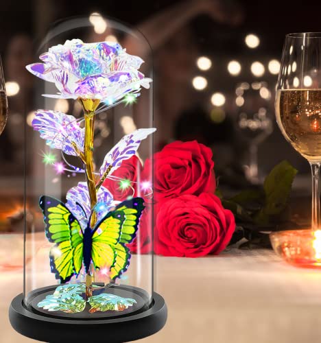 Fvawe Mothers Day Rose Flower Gifts for Mom, Birthday Gifts for Women, Galaxy Crystal Light Up Rose Flowers in A Glass Dome, Mother Day Presents Wife Grandma Sister Her Mom from Daughter Butterfly - color: A-gold