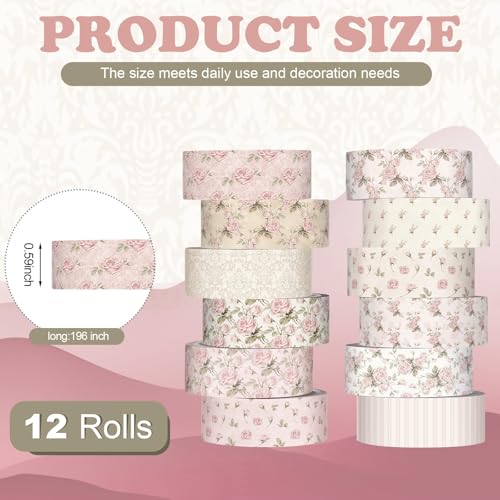 YooNotee 12 Rolls Watercolor Floral Washi Tape Set 15 mm Vintage Flower Decorative Masking Tape for Summer School Arts DIY Craft Scrapbook Journal Supplies Gifts(Dusty Pink,Rose) - color: Dusty Pink, style: Rose