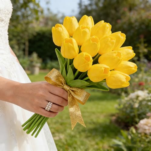 Artificial Tulips Bridal Wedding Festival Decor Bouquet Real Touch PU Flower Bouquet Pack of 20 (Yellow) - color: Yellow
