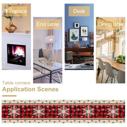 Snowflakes Christmas Table Runner Buffalo Plaid Winter Holiday Theme Art Printed Dinner Runner for Home Party Kitchen Dining Table Decor Fabric 1 Panel W13xL36in - color: Christmas, size: 13"W x 36"H