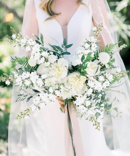IPOPU 37" White Delphinium Artificial Flowers 5PCS Real Look Flocked Faux Delphinium Flowers with Fuzz Long Stem Silk Larkspur Snapdragon for Wedding & Home Decor(White) - color: White