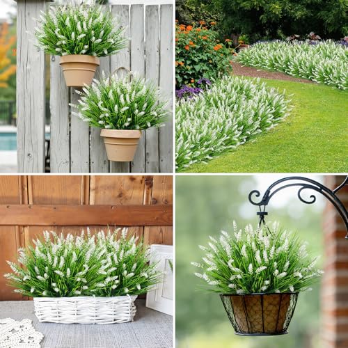 Bassion Artificial Flowers for Outdoors, 24 Bundles Fake Lavender Flowers UV Resistant White Plastic Plants Faux Monkey Grass for Home Porch Garden Window Box Indoor Outdoor Decorations - color: White, size: 24 Bundles