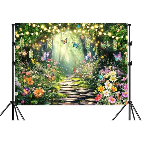 5X3ft Enchanted Forest Backdrop Butterfly Fairy Tale Wonderland Garden Photography Background Wedding Birthday Baby Shower Party Cake Table Decoration Photo Booth Props Wall Decor Banner - color: Multi5, size: 5X3FT