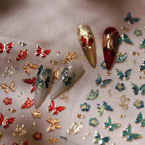 Butterfly Nail Art Stickers 5D Jelly Design Blackish Green Nail Decals 1PCS Embossed Gradient Butterfly Wing Adhesive Stickers Accessories Summer Bronzing Nail Decor for Manicure - style: Style7-Green Butterfly