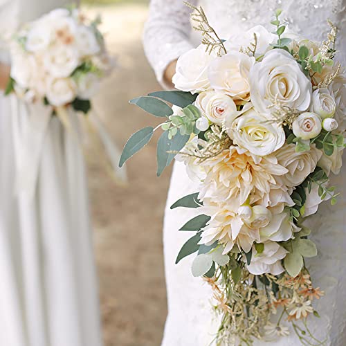 Ansofi Wedding Bouquets for Bride Bridesmaid Tossing Wedding Bouquet Beige White Rose Artificial Bridal Bouquet for Boho Rustic Wedding Ceremony Anniversary - color: Bridesmaid Bouquet