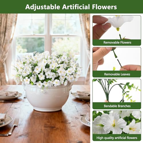 INQCMY Artificial Fake Flowers for Outdoors Decoration,12 Bundles Silk Colorful Morning Glory with Eucalyptus UV Resistant Look Real Faux Flowers for Planter Door Garden Porch Patio Balcony Yard - color: White