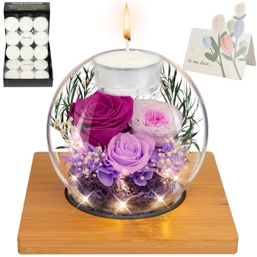 ENERLEAF Preserved Purple Real Rose in Glass with Scented Candles – Forever Flower Romantic Anniversary Christmas Birthday Valentines for Mom, Women, Wife, Girlfriend, Her, Grandma - color: Glass-purple