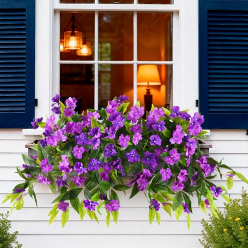 Hommyea Artificial Flowers for Outdoor, 2 Bundles UV Resistant Fake Plants Decoration Realistic Faux Silk Flowers No Fade Plastic Flowers for Outside Planters Home Porch Patio Yard Garden Decor - color: Double Purple