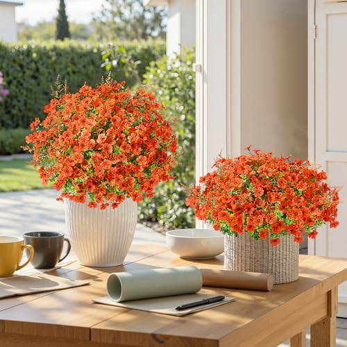 SHareconn 48 Bundles Artificial Flowers for Outdoors Decoration, Faux Plants Fake Silk Colorful Daisy Eucalyptus Lavender, UV Resistant for Outside Home Porch Patio Indoor Spring Decor, Orange - color: Spring Orange