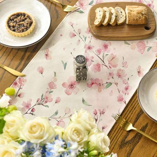 Artoid Mode Floral Cherry Blossoms Branches Summer Table Runner, Seasonal Spring Kitchen Dining Table Decoration for Home Party Decor 13x72 Inch