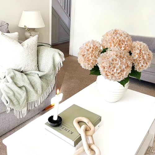 JINWOE Light Coffee Boho Silk Hydrangea Artificial Flowers, 4Pcs 22Inch Full Fake Artificial Hydrangeas with Stems for Bouquet Table Centerpieces Home Decoration Porch Outdoor - color: Light Coffee