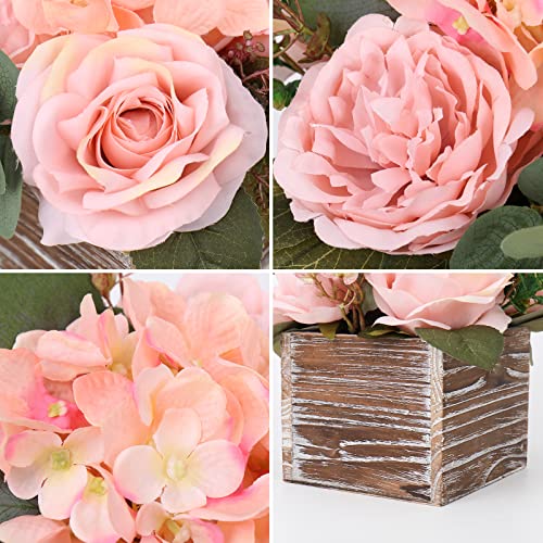 DILATATA Flower Arrangement with Wooden Vase 8" Artificial Flowers in Pot - Fake Flowers Roses Peonies Hydrangeas in Wooden Vase Potted Flower Centerpieces for Table Decor Living Room - Dusty Pink - color: 8"h Dusty Pink