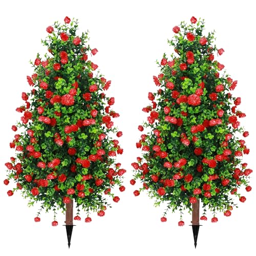 Sunnyglade 2 Packs 27.5" Artificial Rose Tree, Fake Rose Shrub Bushes Trees with Spike Faux Topiary Plants Tree for Indoor, Garden, Yard, Porch, Patio Decor - color: Red