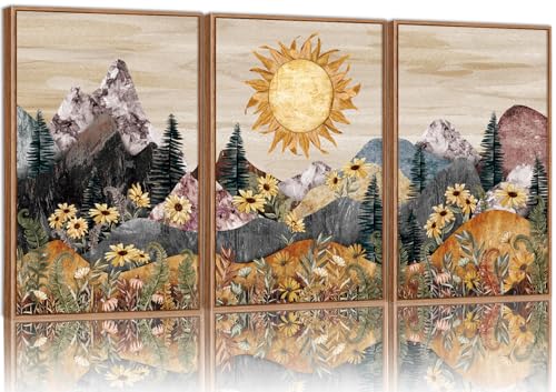 Rantodecor Boho Mountain Framed Canvas Wall Art, Western Daisy Floral Landscape Wall Decor, Rustic Fern Flowers Art Painting, Modern Fantasy Nature Sun Artwork for Bedroom Living Room Office 16"x24"x3 - color: Boho Mountain, size: 24"x16"