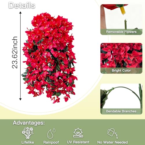 Artificial Flowers for Outdoors Fake Red Bougainvillea Hanging Flower Decoration, 2Pcs Realistic Faux Silk Plants Long Trailing Vines, Spring Decor for Porch Patio Balcony Planter Yard - color: Bougainvillea - Red