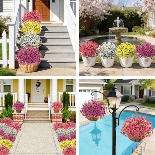 16 Bundles Artificial Flowers for Outdoors, UV Resistant Fake Flowers for Spring Outdoor Decor, Faux Flowers for Garden Front Porch Patio Window Decor, Silk Flowers for Home Decor, Mixed-Color