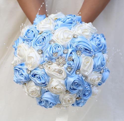 Ujicde Romantic Wedding Bouquet Bridal Bridesmaid Round Bling Brooch Bouquet Throw Toss Artificial Rose Flower Bunch with Sparkle Rhinestone Crystal Decoration(Light Blue+Ivory,Dia. 6.3"*16cm) - color: Light Blue+ivory, size: Dia. 6.3"*16cm