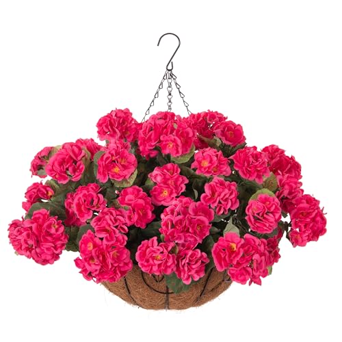 INSPRING Geraniums Artificial Flowers Hanging Basket for Outdoors Outside Spring Decoration, 8 Bundles Silk Flowers Fake Plants Look Real UV Resistant for Porch Home Patio Balcony Yard, Hotpink - color: Hotpink