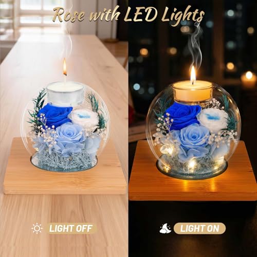 Preserved Blue Real Rose in Glass with Scented Candles – Forever Flower Romantic Anniversary Christmas Birthday Valentines Mothers Day Gifts for Mom, Women, Wife, Girlfriend, Her, Grandma - color: Glass-Blue