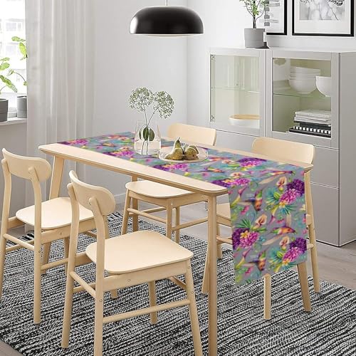 Hummingbird Table Runner,Spring Purple Hydrangea Floral Plants Table Runner for Holiday Kitchen Living Room Home Party Decor 13x36 Inch - color: Hummingbird-4, size: 13x36in