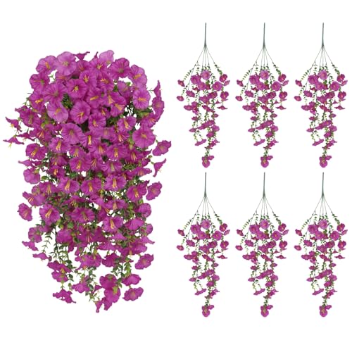 6PCS Artificial Hanging Flowers Fake Plants Outdoor, Silk Morning Glory Faux Flowers with Eucalyptus UV Resistant Realistic Hanging Petunias Plants for Basket Home Garden Decor (Hot Pink) - color: Hot Pink