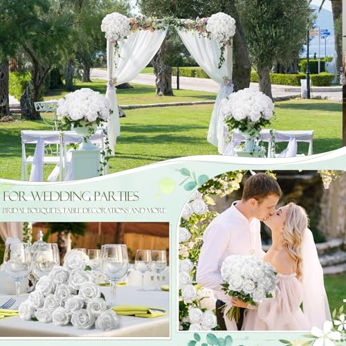 Jexine 50 Pcs Artificial Rose Flower Bulk Realistic Silk Fake Roses with Long Stem Plastic Artificial Flower Bouquet Real Looking for Home Wedding Centerpieces Party Decoration(Pure White) - color: Pure White