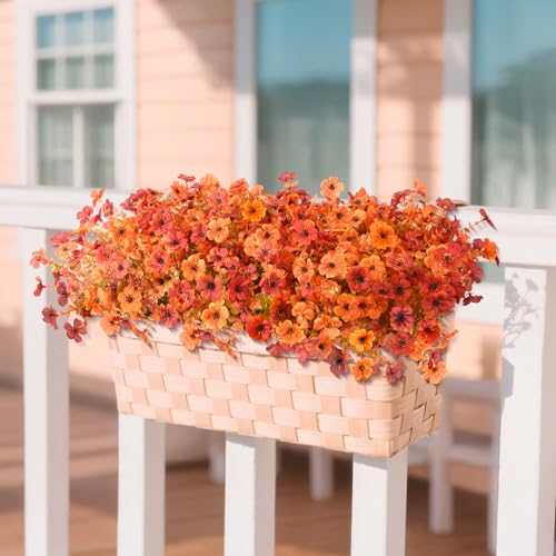 Artificial Fall Flowers for Outdoor, 12 Bundles 4 Colors Faux Mums Fake Fall Plants for Decoration, UV Resistant No Fade Silk Plastic Flower for Autumn Porch Patio Planters Windowbox Yard Garden - color: Orange Autumn Red