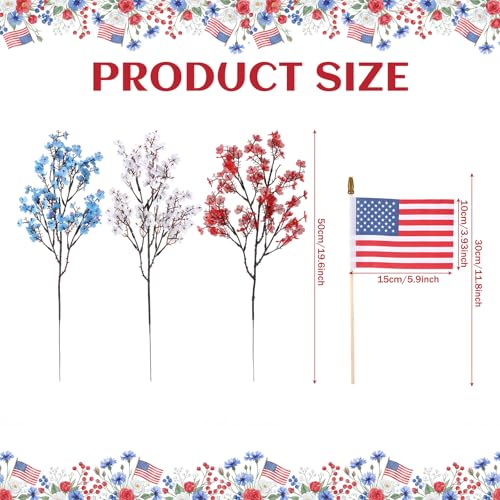 Tigeen 14 Pcs 4th of July Decor Red White Blue Artificial Flower Patriotic Decoration Fake Baby Flower with 2 Flag 250th Anniversary Table Centerpiece for Memorial Veterans Independence Day Home Decor - style: Baby Breath