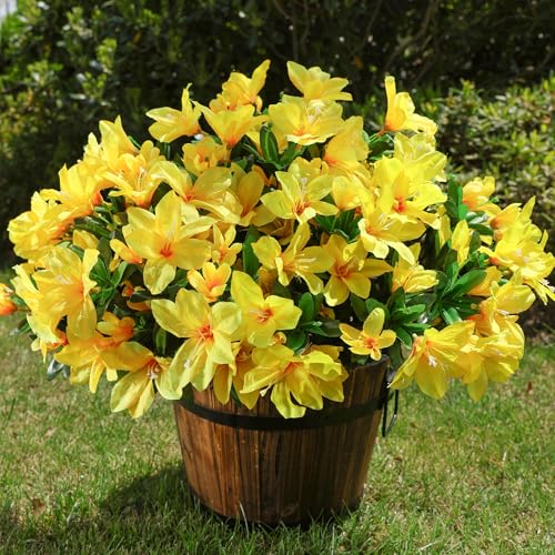 INSPRING Artificial Azalea Flowers Fake Plants for Outdoors Spring Summer Decoration, 3 Bundles UV Resistant Faux Silk Outside Flowers Look Real for Outdoor Planter Front Door Patio Garden, Yellow - color: Yellow