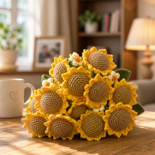 Crochet Flower Bouquet Throw Blanket, Cute Romantic Gift for Her Girlfriend Mom Mother’s Day Valentine Wedding Anniversary Birthday (Green Sunflower, 40 inches) - color: Green Sunflower, size: 40 inches