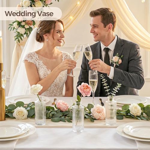 ComSaf Glass Bud Vases Set of 3, Small Flower Vases in Bulk, Mini Ribbed Vases for Centerpieces, Clear Vintage Vase for Table Decorations, Wedding, Party, Receptions, Home Decor (Different Sizes) - size: 3Pcs
