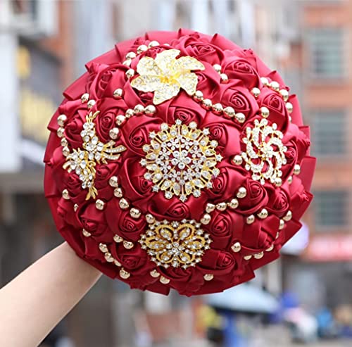Burgundy Bridal Wedding Bouquet Luxury Gold Rhinestone Brooch Bouquet for Bride Bridesmaid Quinceanera Satin Rose Artificial Flower Bouquet Wedding Burgundy 8.3in - color: Burgundy, size: Diameter: 8.3 inches