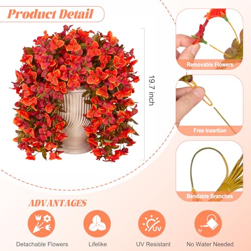 INXUGAO 2 pcs Artificial Faux Bougainvillea Fall Flowers Plants for Outdoor Outside Decoration, Fake Silk UV Resistant Long Trailing Vines for Front Door Porch Planter Balcony Decor - color: Orange Red
