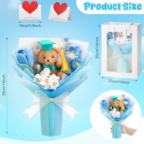 Graduation Crochet Flower Bouquet Set Includes Bear Knitted Tulips Forget-me-nots Lily of the Valley Greeting Card Gift Bag 2026 Blue Flower Bouquet Graduation Gift - color: Blue, style: Knitted Bear and Tulip
