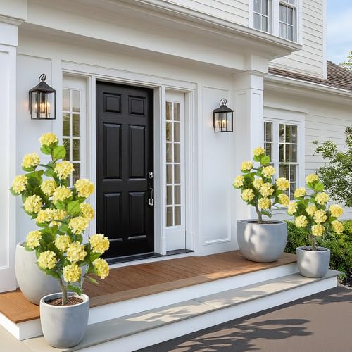 Daifunli 2 Pack 36″ Artificial Hydrangea Trees Real to Touch Faux Hydrangea Bushes Plants with Stakes for Wedding Spring Home Office Living Room Housewarming Gift(Light Yellow) - color: Light Yellow