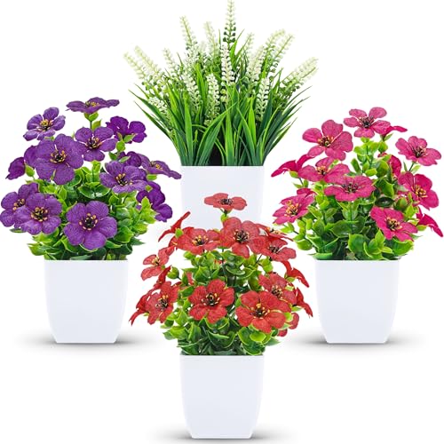 Der Rose Fake Plants 4 Pack Small Artificial Flowers in White Pots for Desk Bathroom Shelf Bedroom Office Tabletop Spring Home Decor - color: Colorful