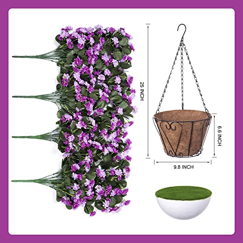 Ammyoo Artificial Flowers in Hanging Basket for Outdoors Spring Decor, Fake Mums Flowers Faux Plants with Basket for Indoors Home Porch Garden Yard Patio Decoration (Purple Pink) - color: Purple Pink